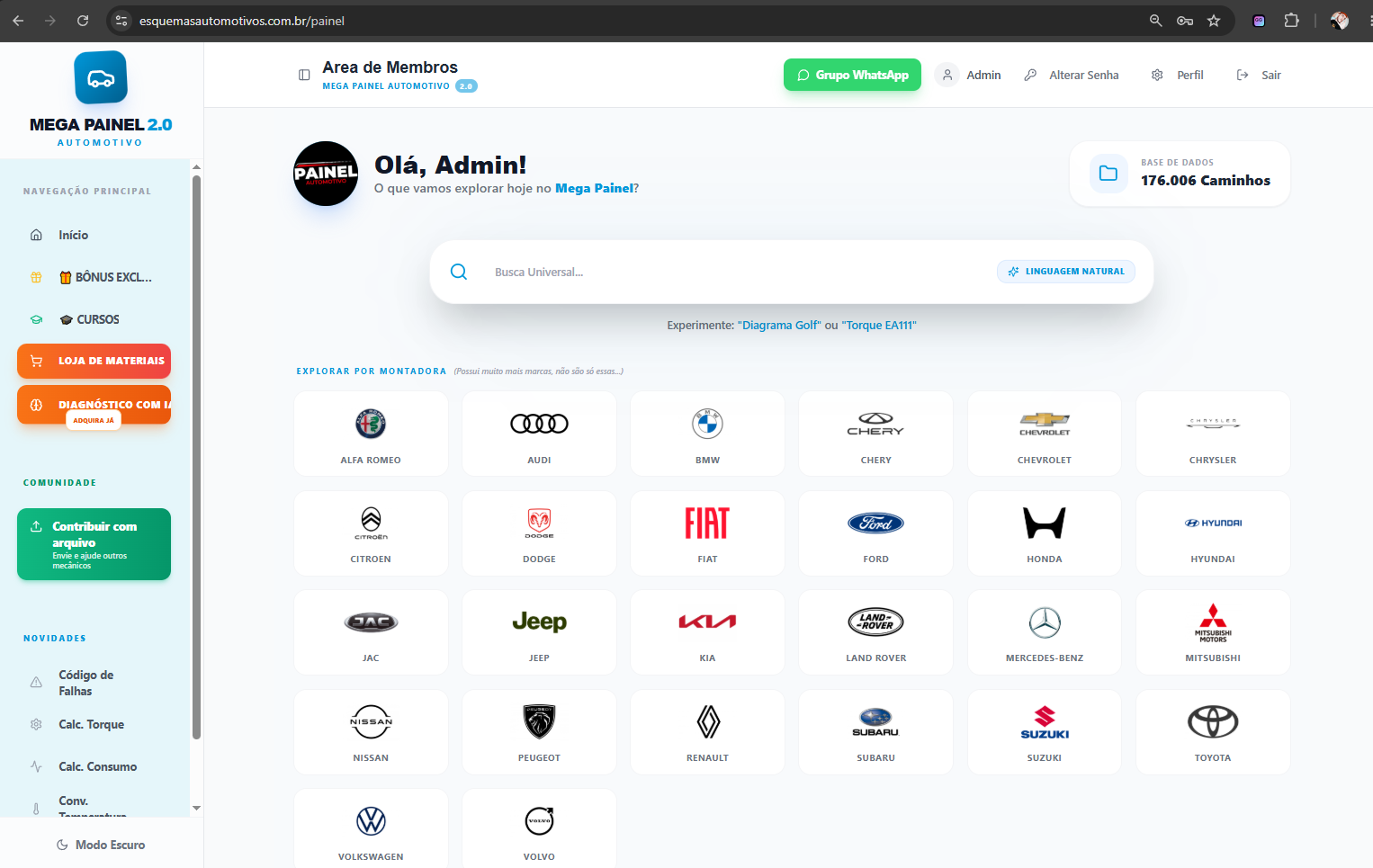 Painel Automotivo - visão desktop com busca universal e marcas